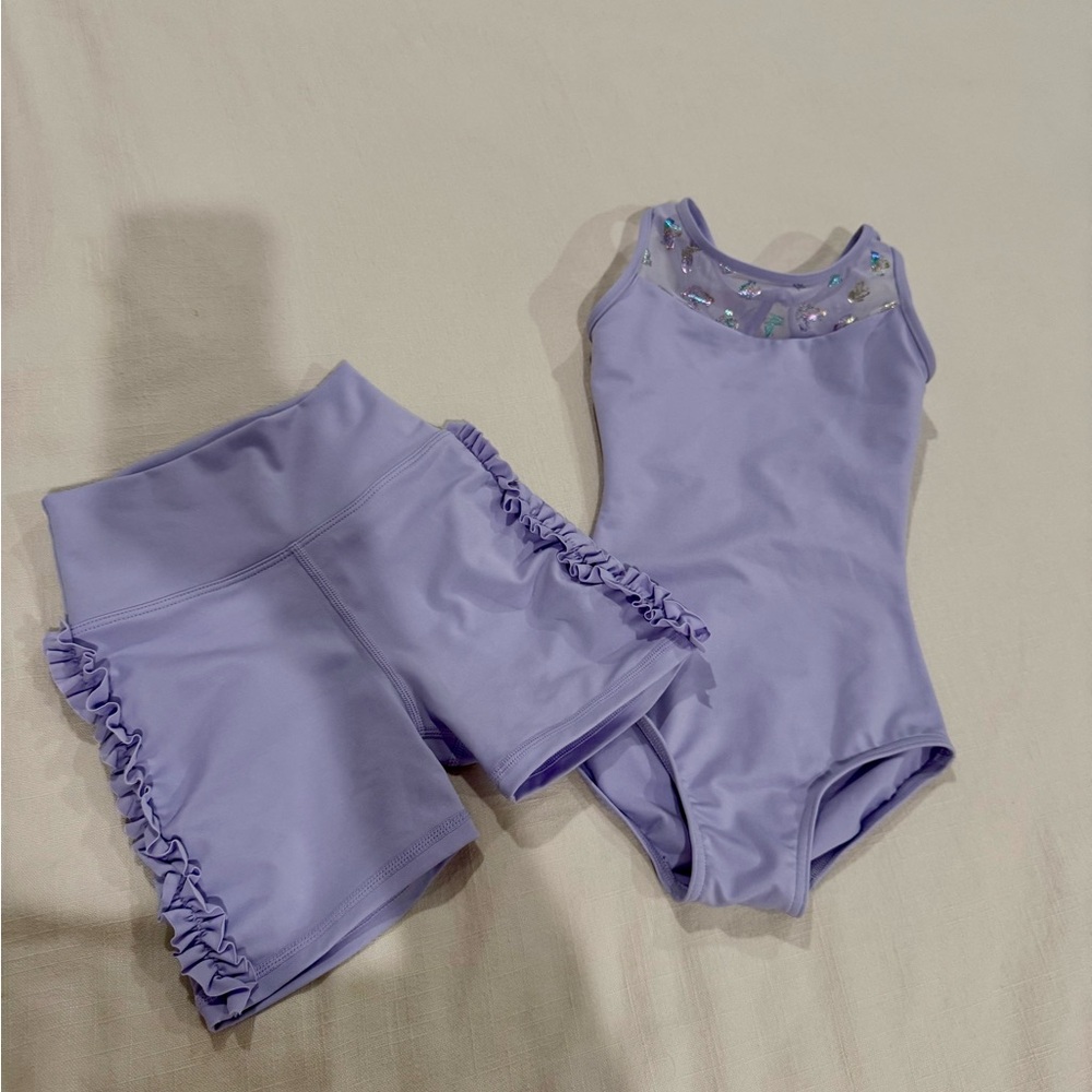 Capezio light purple leotard and shorts set with butterflies size small